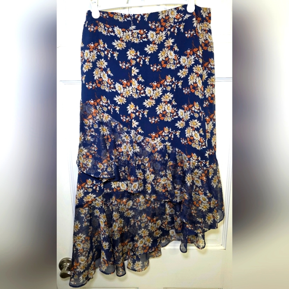 ONLY Edge Luxury Asymmetrical Floral Blue Flowy Ruffle Tiered Skirt- Size XL
